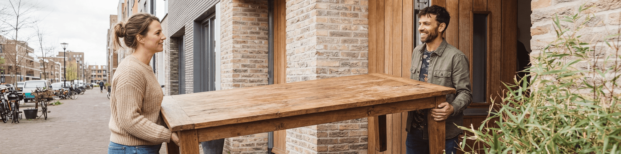 Twee mensen dragen samen een tafel — dat is Handelplek